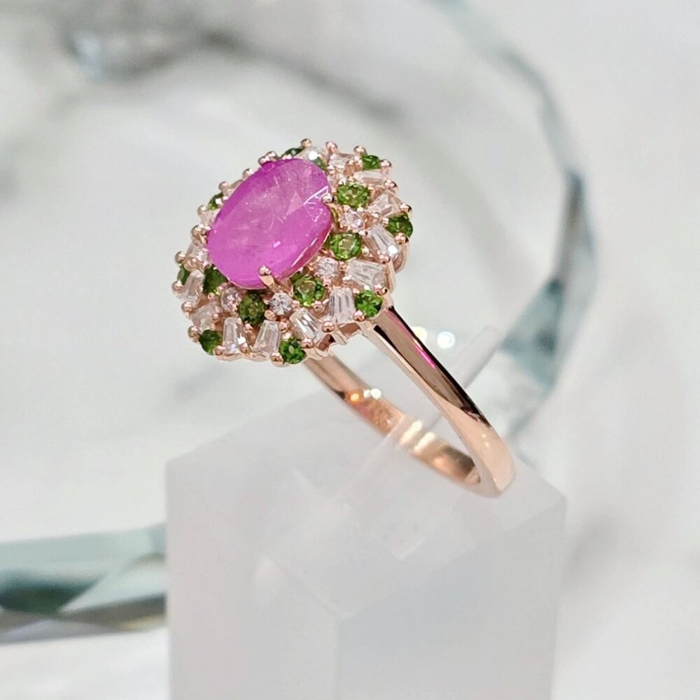 Artisan ✦ Blush Blossom Ilakaka Sapphire Ring ✦ Chrome Diopside Moissanite Sz 10
